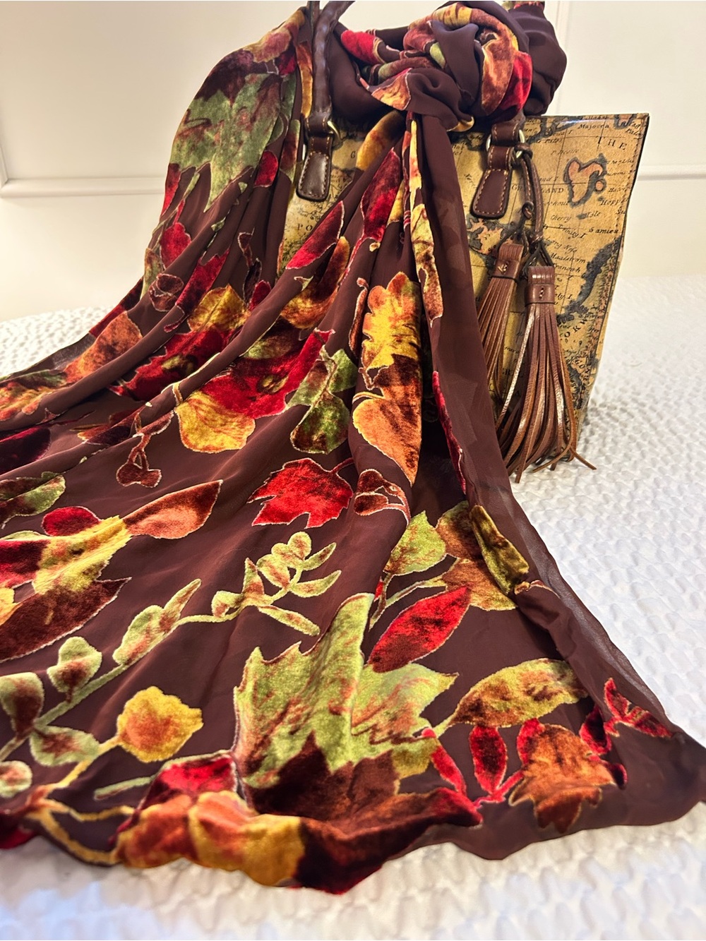 Vintage Autumn Floral Velvet Burnout Scarf in Brown, Red, Gold, Green leaves